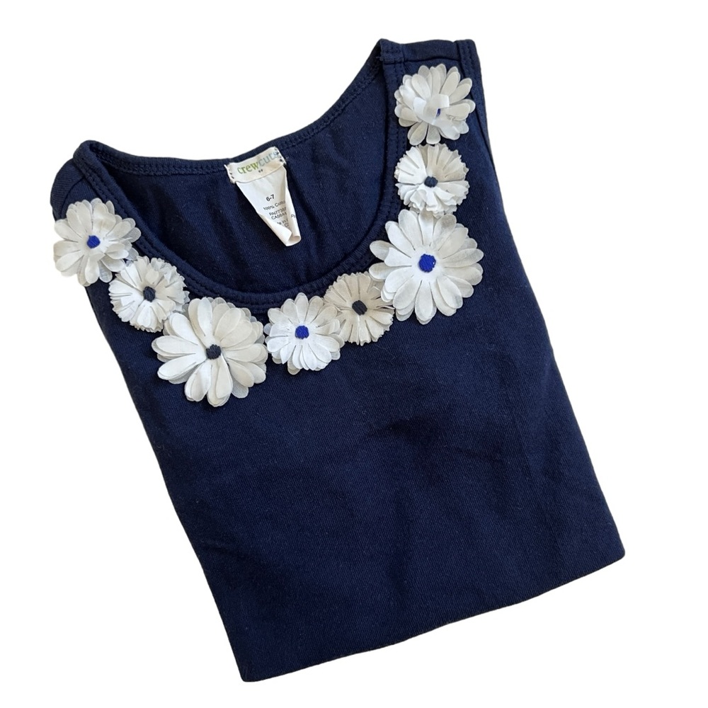 CREWCUTS Floral Application Cotton Tank Top Sleeveless Navy Blue White Sz 6-7